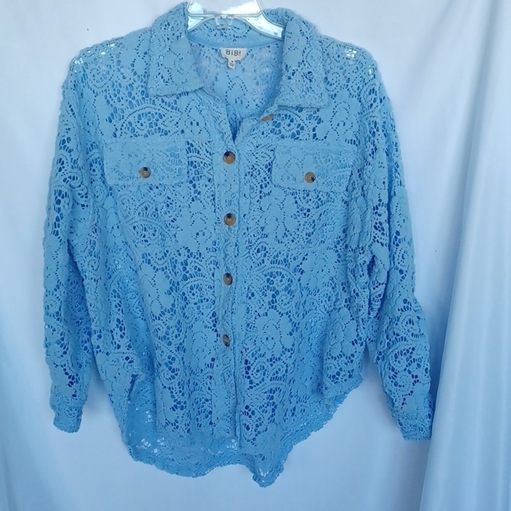 BiBi Lace Jacket, Sz M, Oversized, Powdered Blue, 26" PTP, 31"L